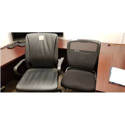2 Office chairs, 1- leather adjustable on wheels, 1 black back mesh arm chair on wheels,cork board