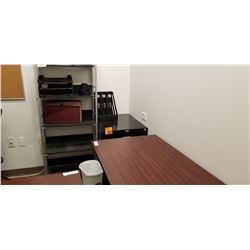2 dr legal file cabinet, 5 shelf book display case,misc. office trays, 2 pc cherrywood Office desk w