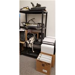 1 Plastic 4 Shelf Stand w/5 Staplers, Inspire Laminator, Power Surge Cords, X-Acto Paper Cutter, Pap