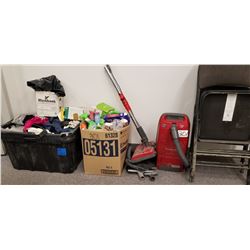 Panasonic Vacuum Cleaner/ Tote w/ Cleaning Rags./ Misc Cleaning Supplies plus case of kitchen items,