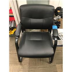 2-Black Leather Chairs - 1 is office adjustable arm chair on wheels, 1- is office armchair no wheels