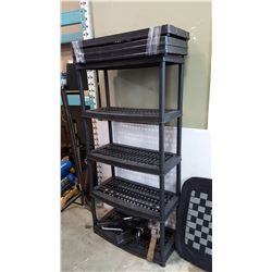 TWO PLASTIC SHOP SHELVES 5 TIER AND 3 TIER