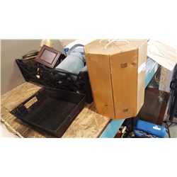 LOT OF PLANTERS, WATERING CAN, AND 6 BOTTLE WINE CASE