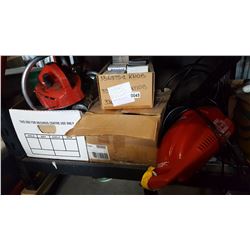 ELECTRIC POWER WASHER, CRAFTSMAN GAS CHAINSAW, BOX OF TRANSISTORS AND ELECTRICAL HARDWARE, BATTERY C