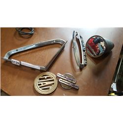 4 CAR BADGES AND VINTAGE MIRROR