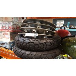 2 MOTORCYCLE TIRES AND SET OF TRUCK HUBCAPS