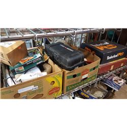 TOOLS BOXES W/ TOOLS, CAMP STOVE, WORK BOOTS, ETC