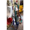 Image 1 : LARGE LOT OF BROOMS MOPS AND SQUEEGEE MOP BUCKET ETC
