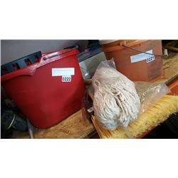 2 NEW BROOMS AND MOP W/ BUCKET