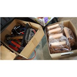 BOX OF TOOLS AND BOX OF NEW LEATHER TOOL POUCHES