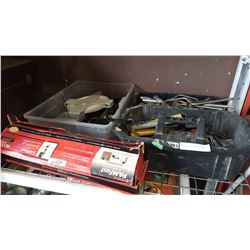 THREE TOTES AND TOOLS AND LARGE TAPE MEASURE