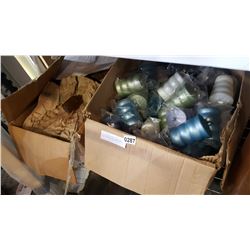 BOX OF CANNISTERS AND BOX OF GLASS BOTTLES AND COWBOY HAT