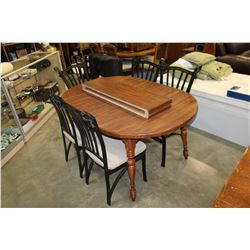 WALNUT DINING TABLE AND 5 METAL FRAME CHAIRS