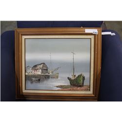 SIGNED OIL ON BOARD BOAT SCENE
