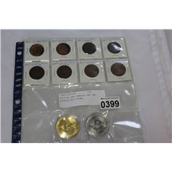 BRITISH ONE PENNIES AND TWO NOVELTY BIT COINS