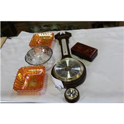 CARNIVAL GLASS AND SILVER OVERLAY DISH BAROMETER AND EASTERN BOX