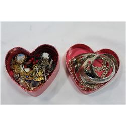 HEART BOX OF RELIGIOUS ITEMS AND BOX OF BANGLES AND PENDANT