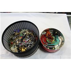 HAT BOX OF JEWELLRY AND TIN OF NATIVE BEADED JEWELLRY