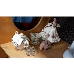 BIRKS STERLING CAP SALT AND PEPPERS, CARVED ELEPHANT IN ELEPHANT, EASTERN BOWL AND "HELEN" FIGURE AN