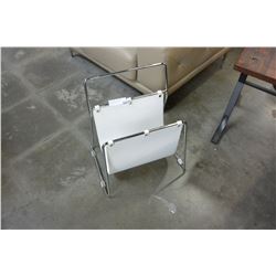 MODERN WHITE LEATHER AND CHROME MAGAZINE RACK