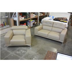 NEW MODERN GENUINE TAN LEATHER TUFTED LOVESEAT AND CHAIR, WITH ADJUSTABLE HEAD RESTS, RETAIL $4699
