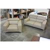 Image 1 : NEW MODERN GENUINE TAN LEATHER TUFTED LOVESEAT AND CHAIR, WITH ADJUSTABLE HEAD RESTS, RETAIL $4699