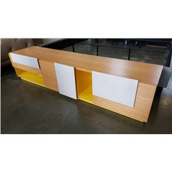 NEW MODERN TV CONSOLE WITH GREY AND YELLOW ACCENTS, RETAIL $799