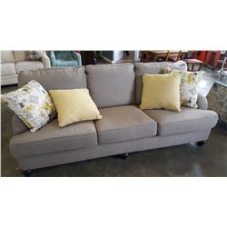 NEW ASHLEY GREY FABRIC CONTEMPORARY SOFA WITH 4 ACCENT PILLOWS, RETAIL $2599