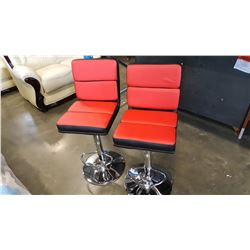 NEW PAIR MODERN RED AND BLACK LEATHER WITH CHROME BAR STOOLS, RETAIL $160 EACH