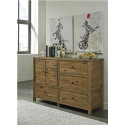 NEW ASHLEY SIGNATURE DESIGN WALNUT DRESSER, 2 DOOR CUPBOARD AND 4 DRAWERS, RETAIL $1199