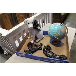 METAL GLOBE BULLFIGHTER WALL HANGING AND DOG STATUE