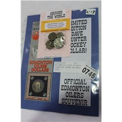 TWO EDMONTON OILERS SOUVENIR DOLLARS AND AROUND THE WORLD COINS
