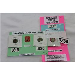 THREE CANADIAN SILVER FIVE CENT COINS