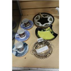 SILVER OVERLAY DISH SET AND HAND PAINTED CHINA TEACUPS