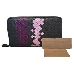 Bottega Veneta Woven Grey and Purple Leather Zip Wallet