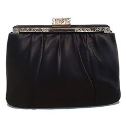 Judith Leiber Black Silk Silver Trim Evening Clutch