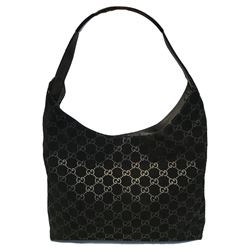 Gucci Black Suede Monogram Hobo Shoulder Bag