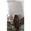 Image 1 : Tall Dark Wood Bowling Pin Lamp 31" H, Shade approx. 16.5" Dia.