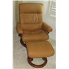 Image 1 : Brown Sress-Less Leather Armchair w/ Round Wooden Base and Ottoman 32" across, 25" seat depth, 38" H