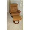 Image 2 : Brown Sress-Less Leather Armchair w/ Round Wooden Base and Ottoman 32" across, 25" seat depth, 38" H