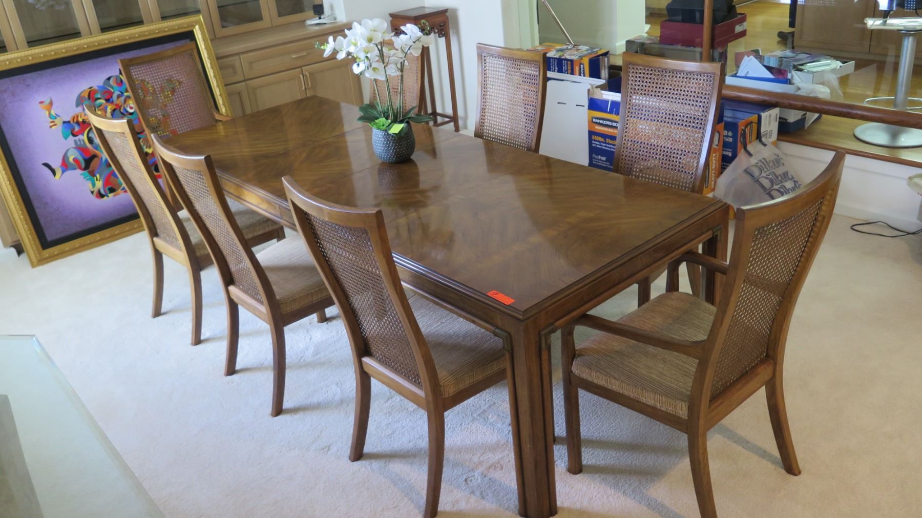 Large Dining Room Table w/ 8 Cane-Back Wooden Chairs, Removable Leaves