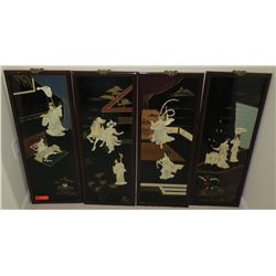 4-Panel Lacquered Oriental Screens w/ Mother of Pearl Overlay (slight damage), Each panel 14 x 36