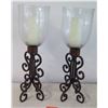 Image 1 : Pair: Very Large Cast Iron Candle Stands w/ Hurricane Glass 28.5"H, 9" Dia Glass