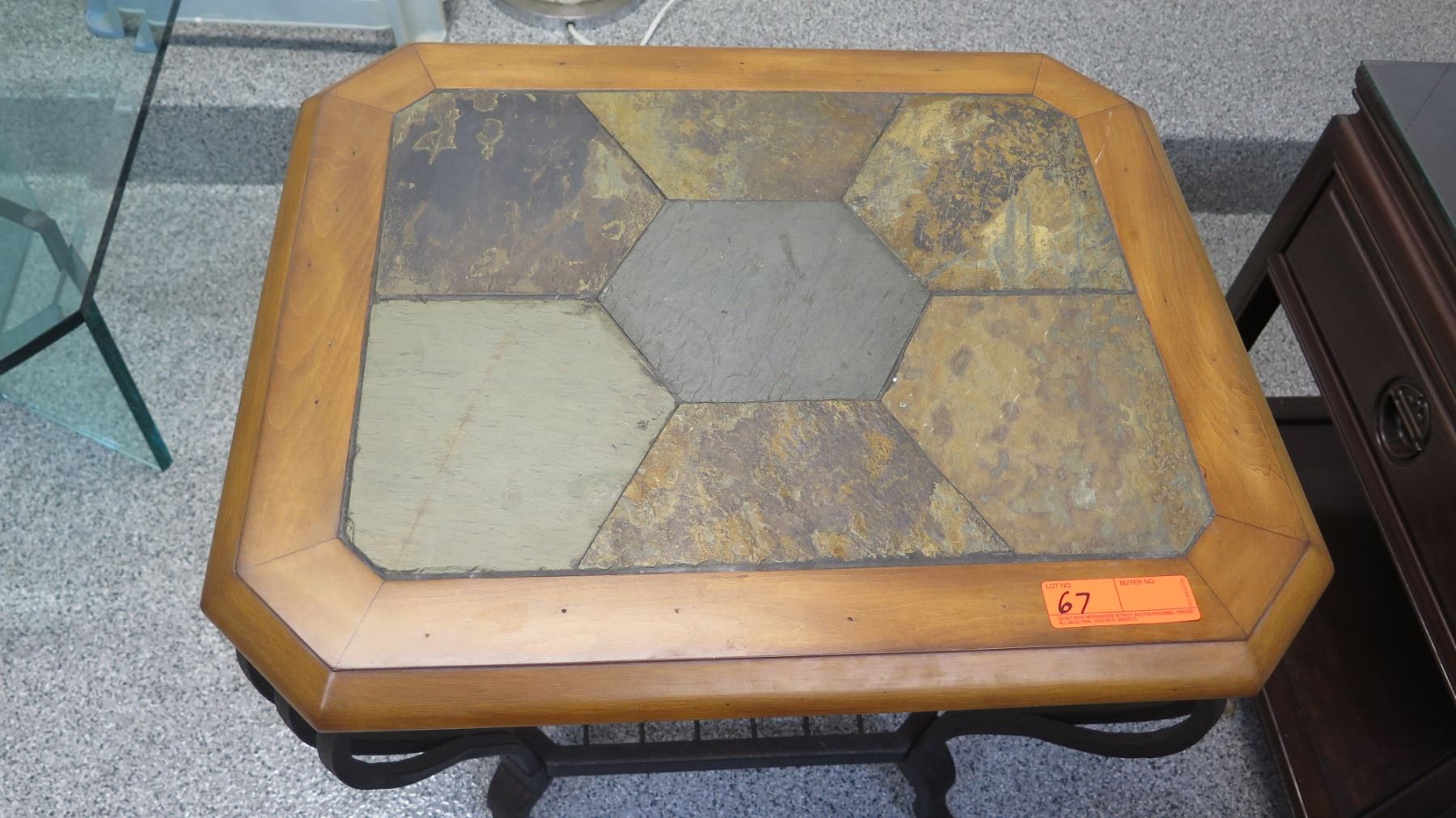 Wood Table Stone Inlay Wooden Table w/ Stone Inlay and Curved Metal Legs 26 x 22 x 24.5H ...