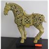 Image 1 : Ornate Leaf-Filigree Glazed Ceramic Horse on Stand, Green/Yellow, Approx. 14 x 23H