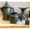 Image 1 : GR OF 4, ANTIQUE SILVER PLATE, BISCUIT BARREL, COFFEE POT, FOOTED DISH, NAPKIN RING