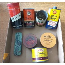 GR OF 8, MISC TINS, INCLUDING WHIZ, WHITE ROSE, WEBLEY, ETC