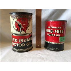 GR OF 2, RED INDIAN MOTOR OIL 1 QT TIN, MACMILLIAN RING-FREE MOTOR OIL 1 QT TIN