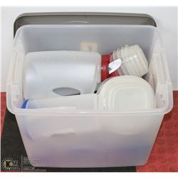 TOTE OF ASSORTED KITCHEN STORAGE & MORE