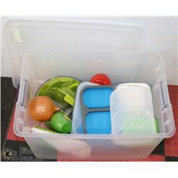 TOTE OF KITCHEN STORAGE ITEMS